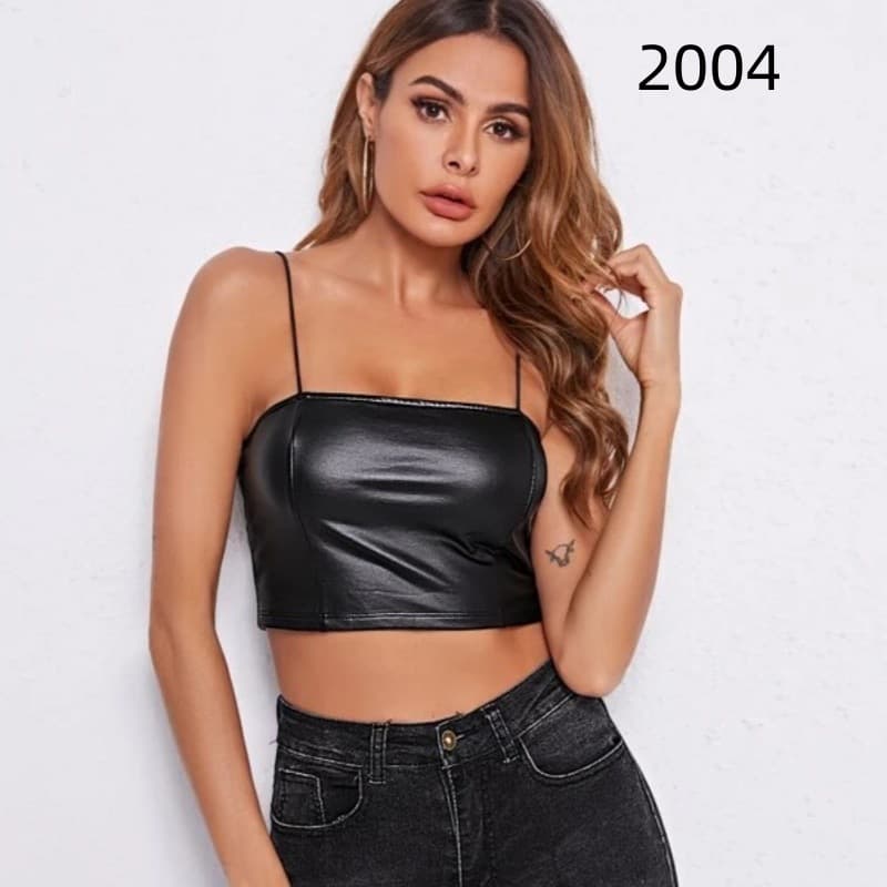 2022 Amazon AliExpress New Solid Color Patent Leather Navel Short Sling Slim Top
