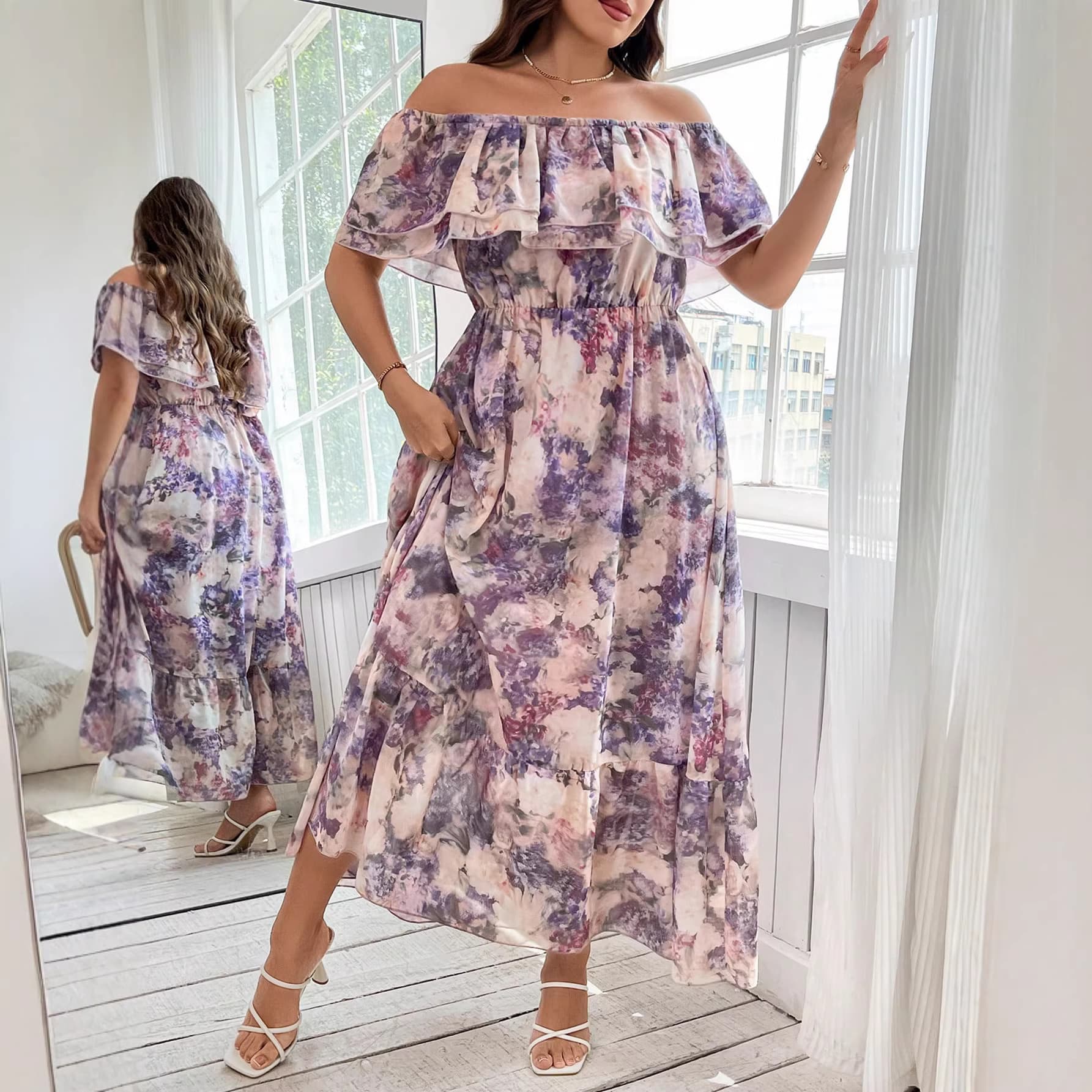 Plus Size Women's Romantic Casual Elegant Floral Double Layer Ruffle Off-Shoulder Long Flowy Dress