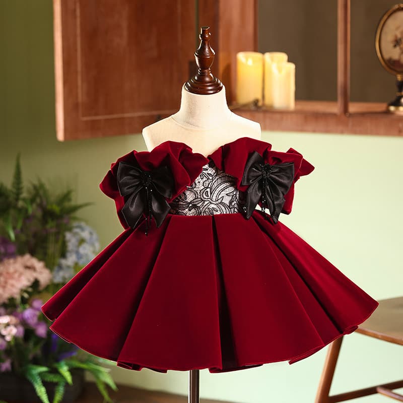 Girls' dress burgundy flower girl wedding little girl princess dress children's birthday host piano performance costume