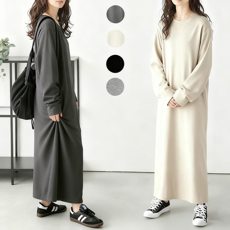 Japanese Autumn New Waffle Dress for Women, Solid Color Round Neck Versatile Loose Long Sleeve Maxi Dress