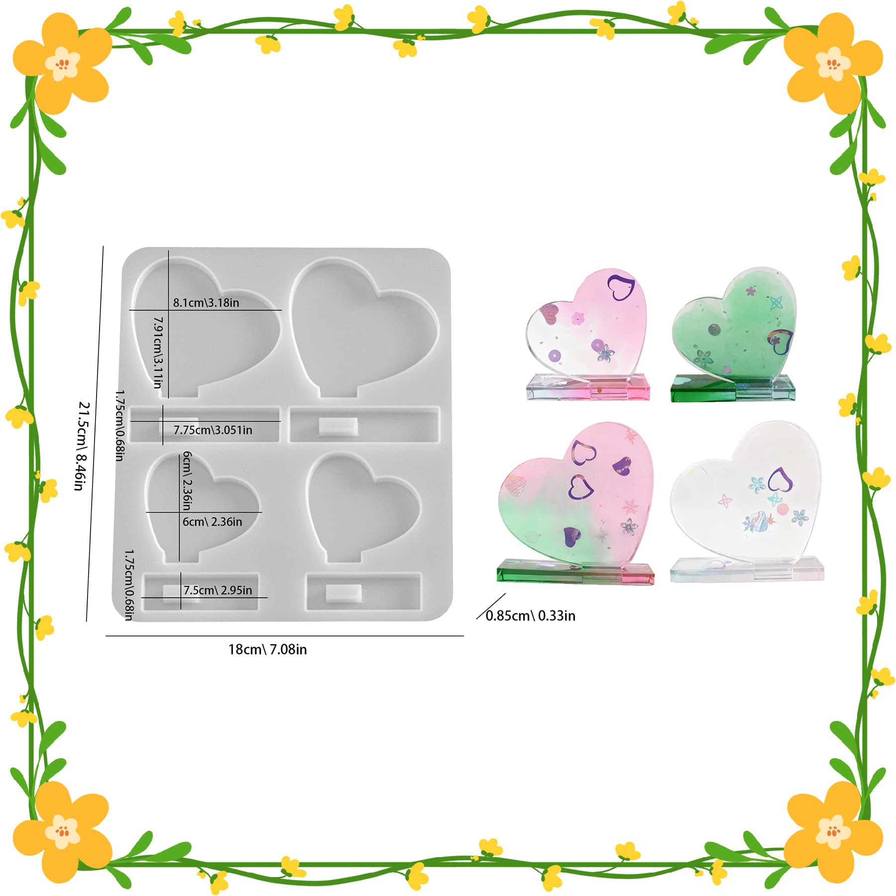 New Cross-border One-piece 4-Heart Photo Frame Resin Silicone Mold, Epoxy DIY Heart-shaped Photo Stand