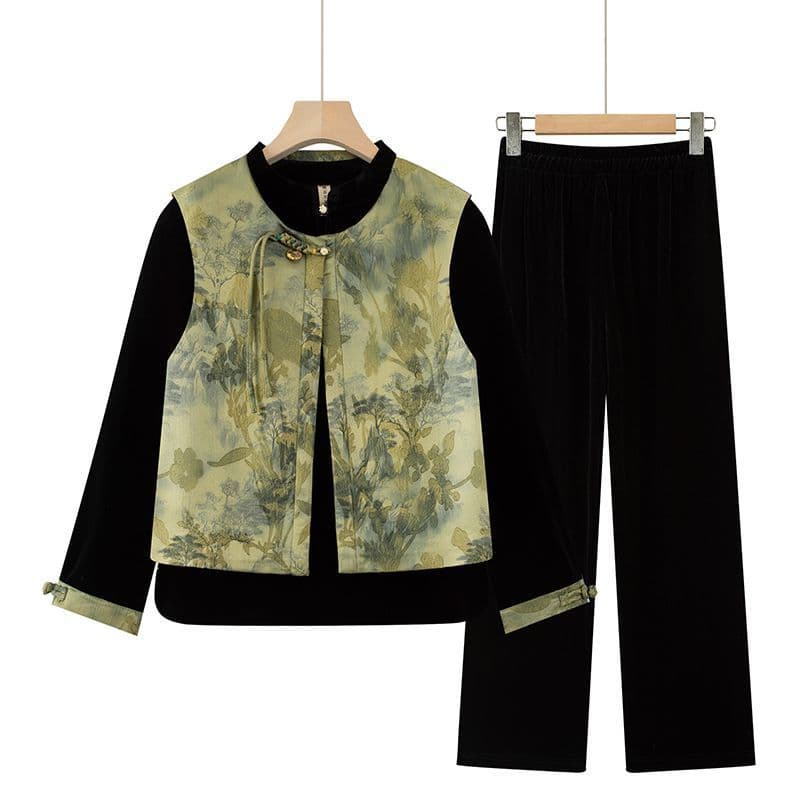 Mother's Autumn Velvet New Chinese Style Three-Piece Fashion Set Clothing Middle-aged and Elderly Women's Spring and Autumn Vest