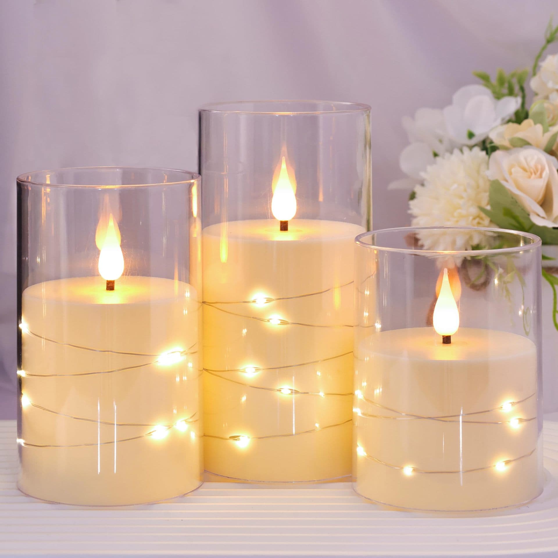 Battery Powered Non-Flickering Candle LED Fairy Light in Organic Glass Holiday Decorative Candles with Remote Control Transparent