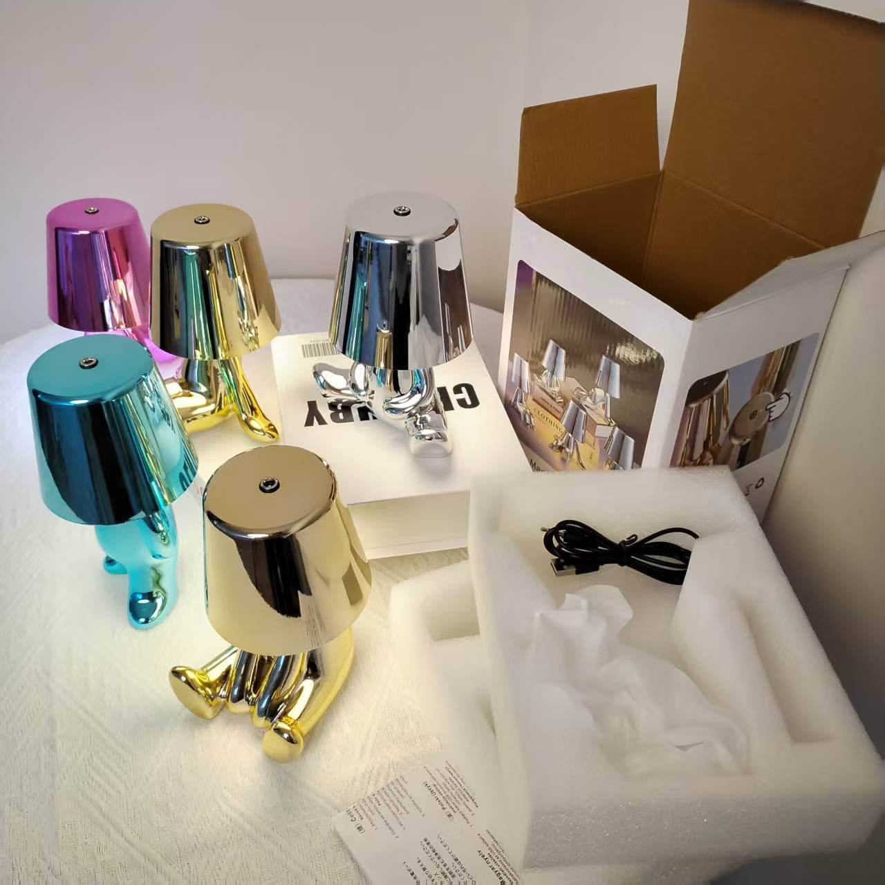 Bedside Touch Control Desk Lamp, Colorful Plush Little Gold Man Gold Decoration Thinker Statue LED Desk Lamp