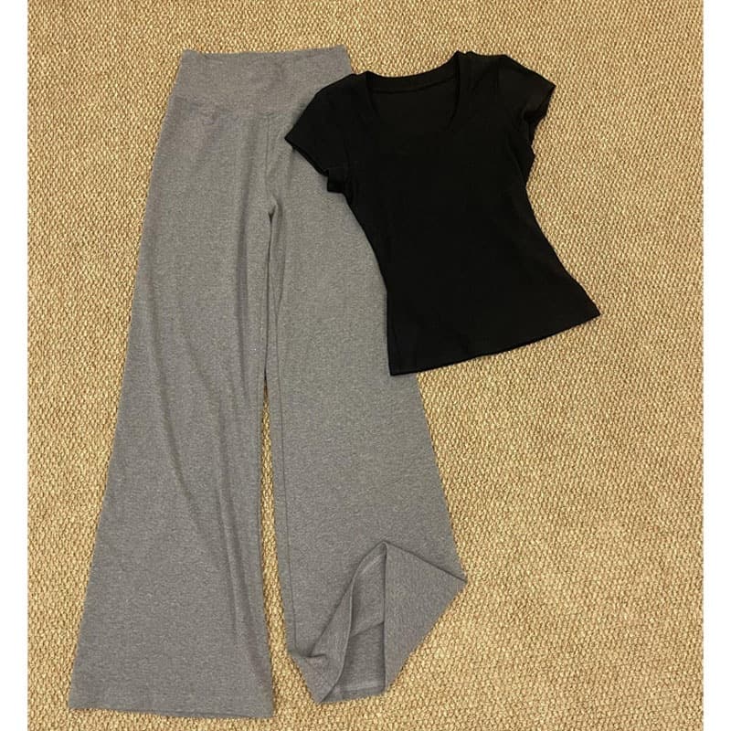 Korean style lazy style women's summer new style black shoulder short sleeve gray yoga pants two-piece suit trendy