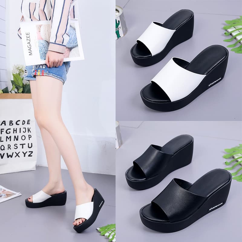 2025 Thick Platform Wedge Peep-Toe Sandals for Women, Korean Style, One-Band Slip-On, Non-Slip Chunky Sole, Wholesale Export Slippers