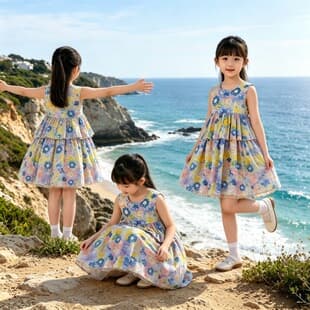 Summer Girls Double-Layer Cake Dress Floral Sleeveless Vest Dress Beach Vacation Bohemian Beach Dress
