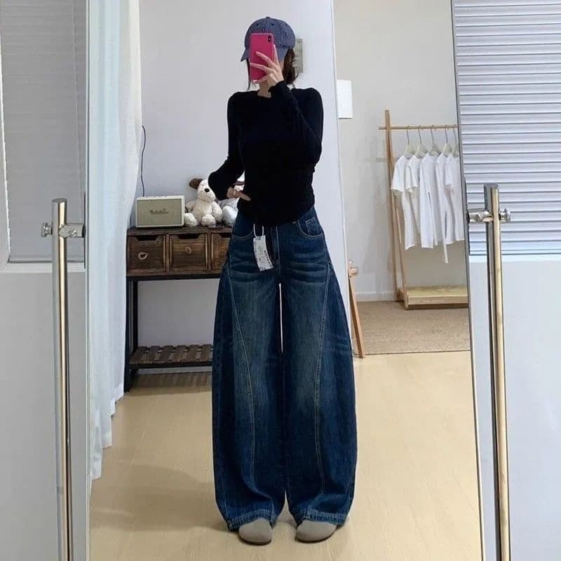 2025 Winter American Retro Washed Curved Wide Leg Jeans for Women Loose Slim Straight Pants Casual Floor-Length Pants