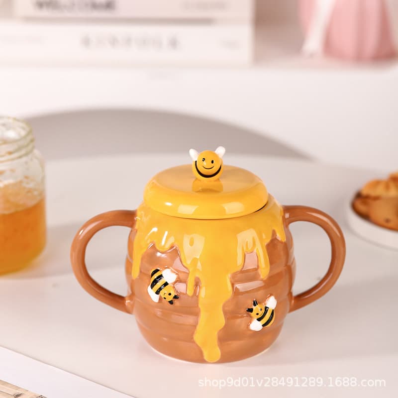 Honey Double Ear Cup Creative Cute Home Use with Lid Water Cup Cute Creative Women Ceramic Mug Large Capacity