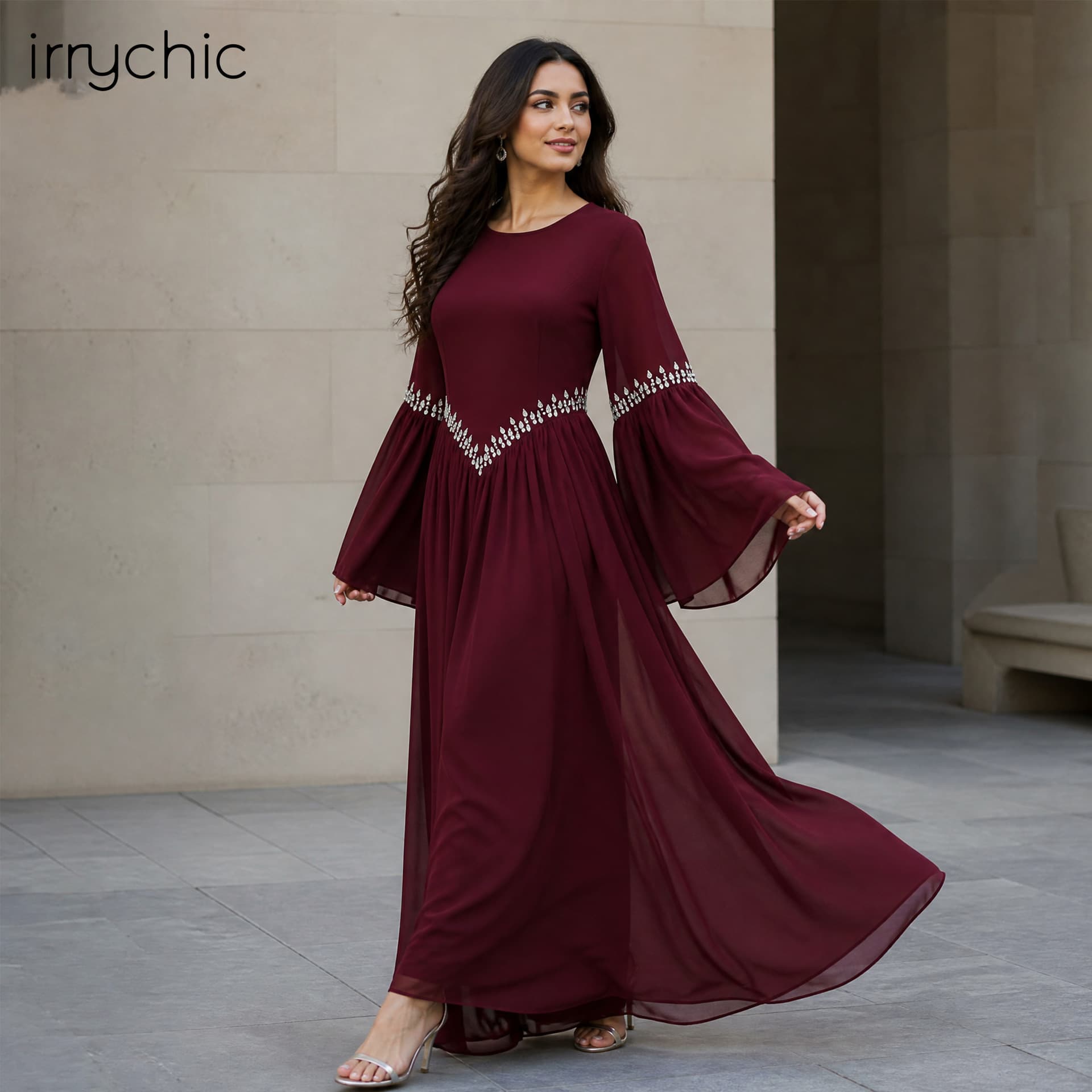 Ai Yi Rui real-shot direct output, hand-studded flared sleeve cinched waist dress HQ002