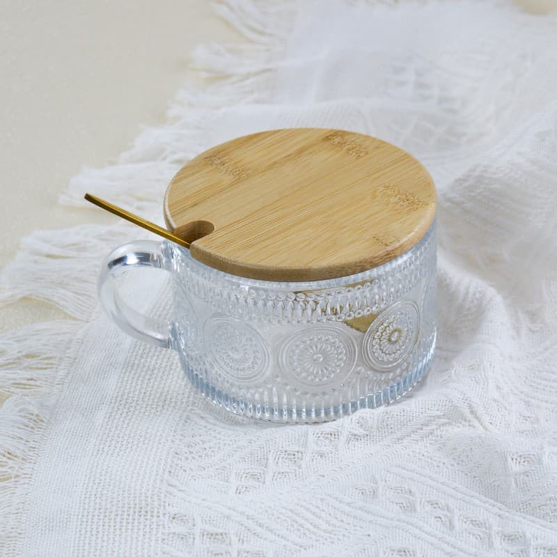 Breakfast cups, retro embossed 14oz coffee cups with sunflower design, includes spoon and lid, transparent glass milk cups.