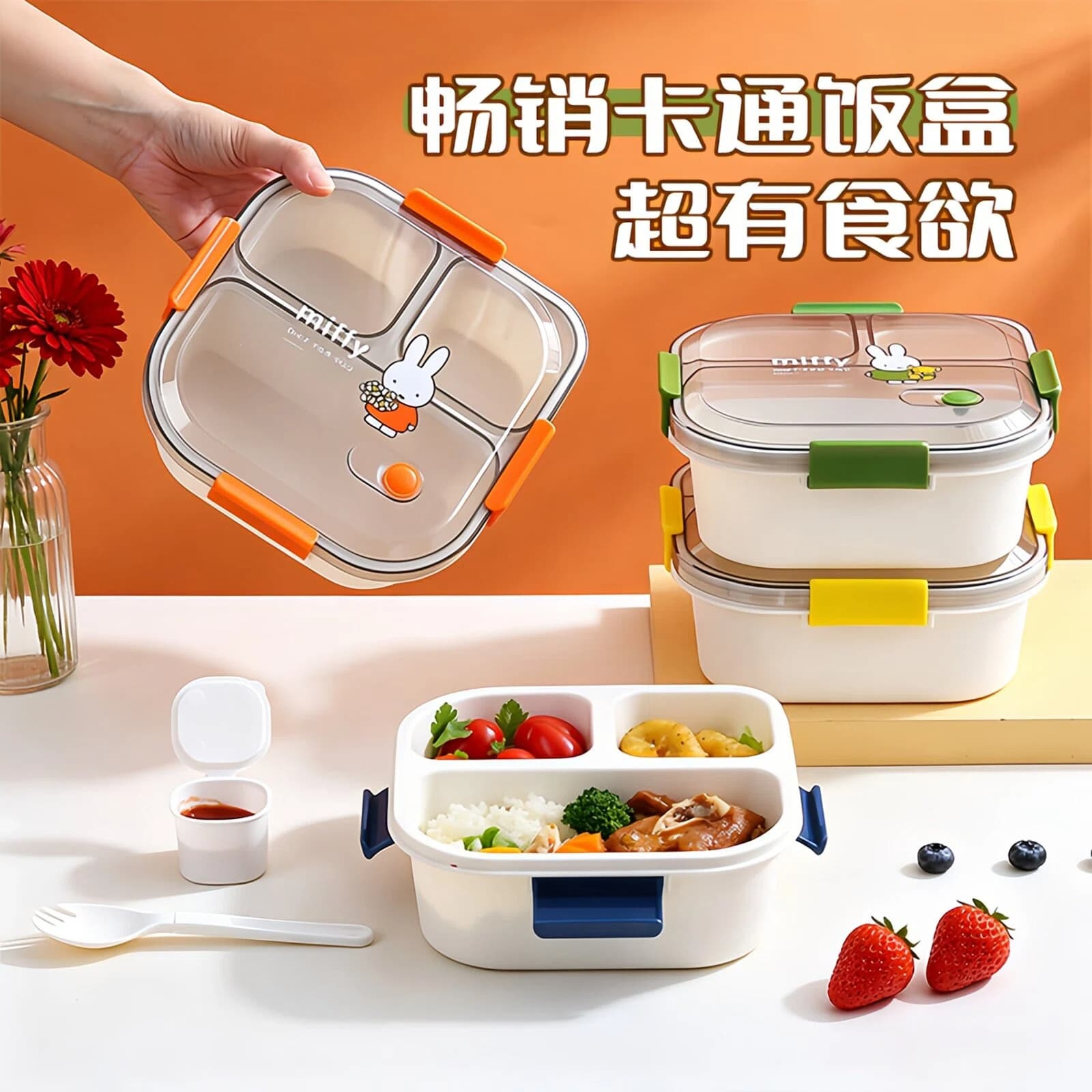 Miffy Cartoon 3-Compartment 4-Compartment Lunch Box Microwave Heating Bento Box Student Office Worker Meal Prep Light Meal Lunch Box