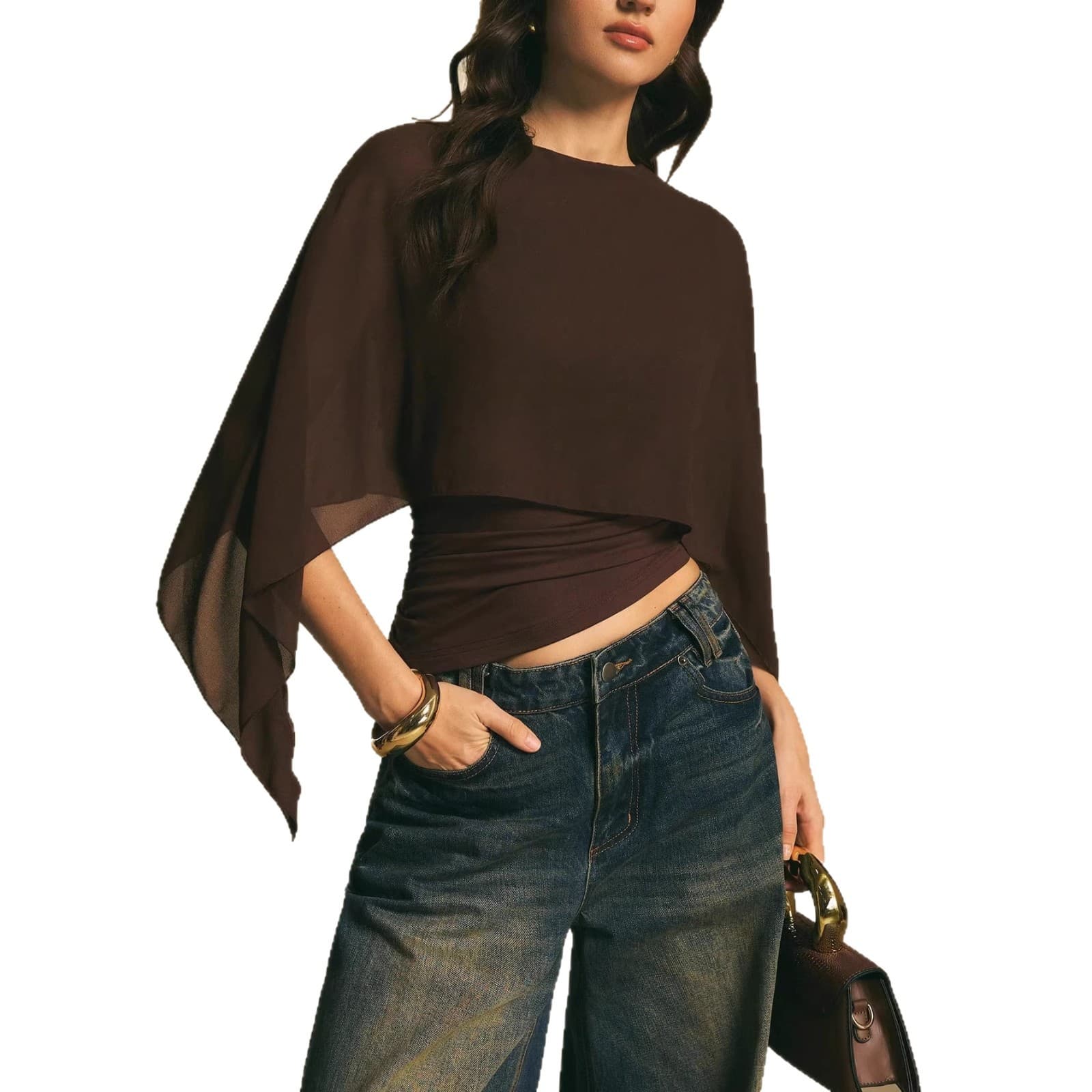 European and American Style Coffee Chiffon Cape Sleeve Top for Women, Round Neck Loose Blouse, Slim Fit Faux Two-Piece Commuter Irregular T-Shirt
