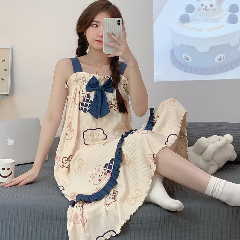 Summer New Cotton Sleepwear Women's Strap Nightgown Cute Butterfly Knot Student Princess Style Home Clothes Female Model