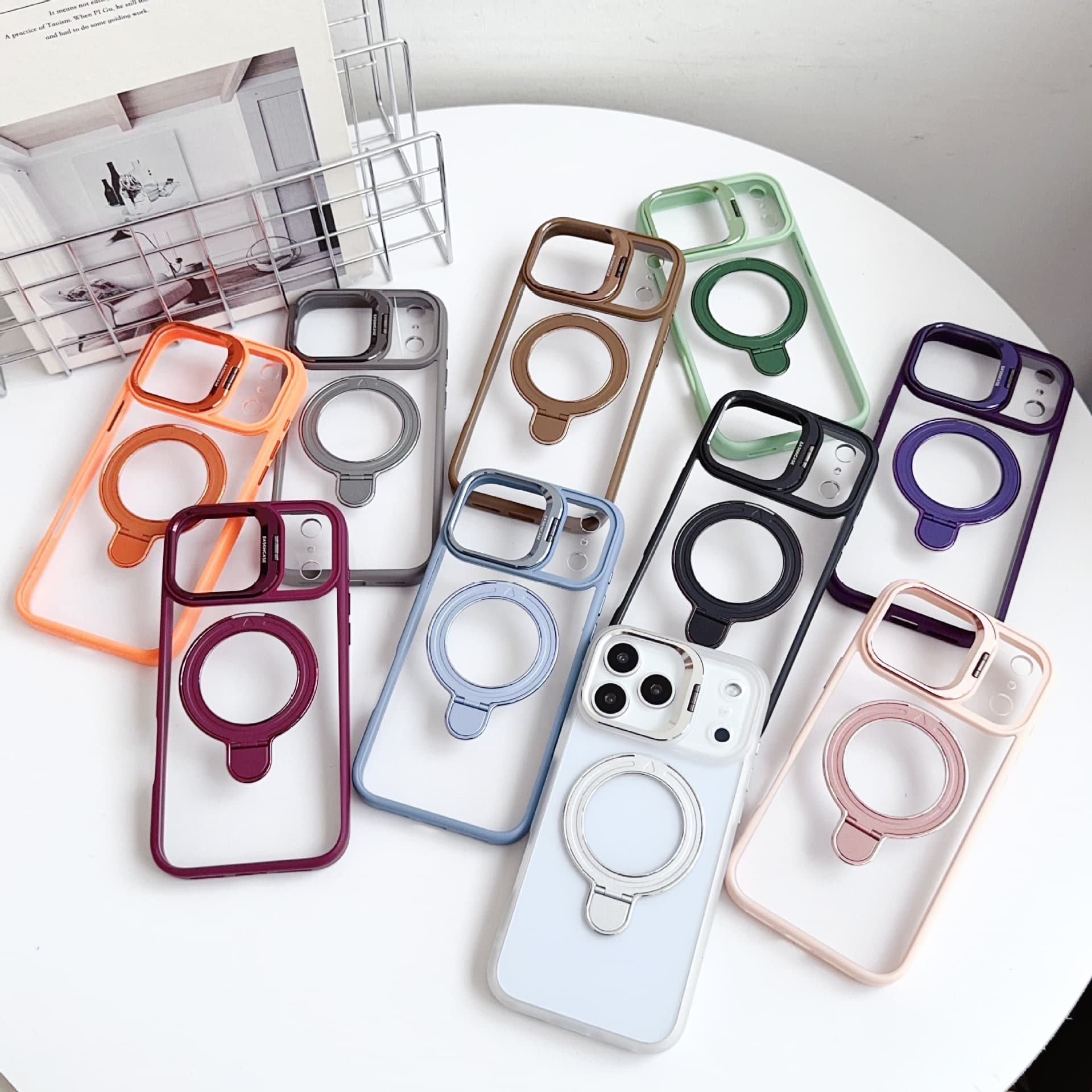 Compatible with iPhone 17 Pro Max Dual Bracket Magnetic Phone Case, Transparent for iPhone 16, with Lens Film Protective Case for iPhone 15