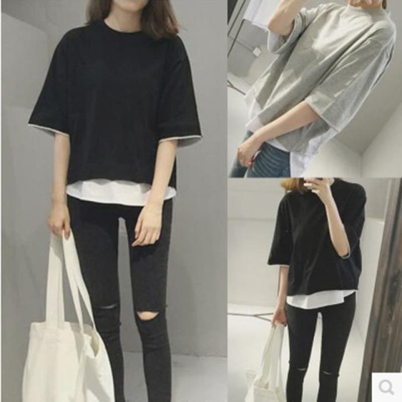New Korean style summer fake two-piece half-sleeved quarter-sleeved T-shirt for women with medium sleeves loose Harajuku T-shirt for girls trendy