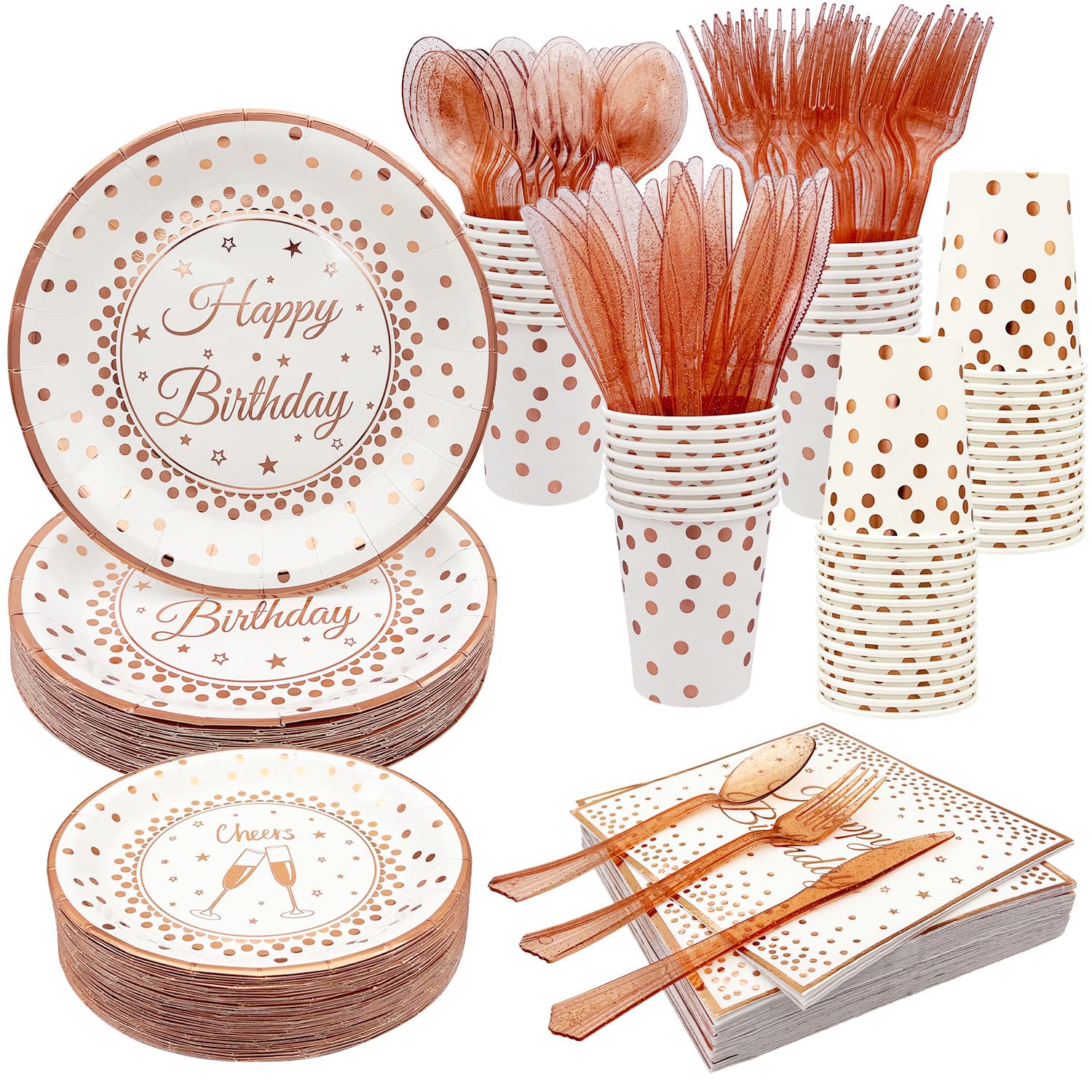 Ready stock white rose gold polka dot birthday party decoration paper plate paper cup tablecloth disposable tableware-H