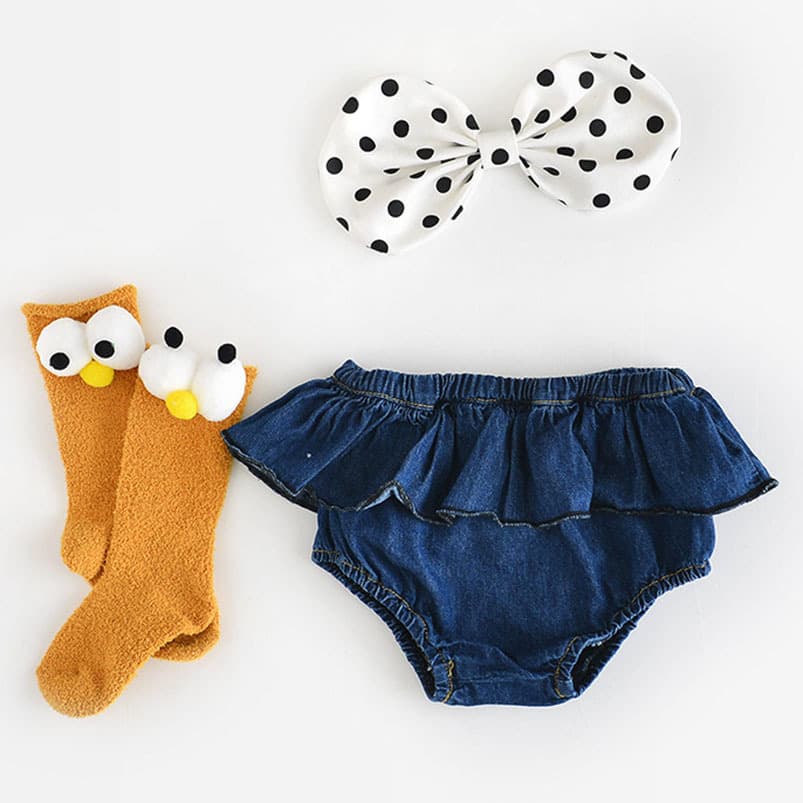 INS Korean style baby boy denim shorts spring and summer infant lace-up bread pants girls ruffled large PP pants