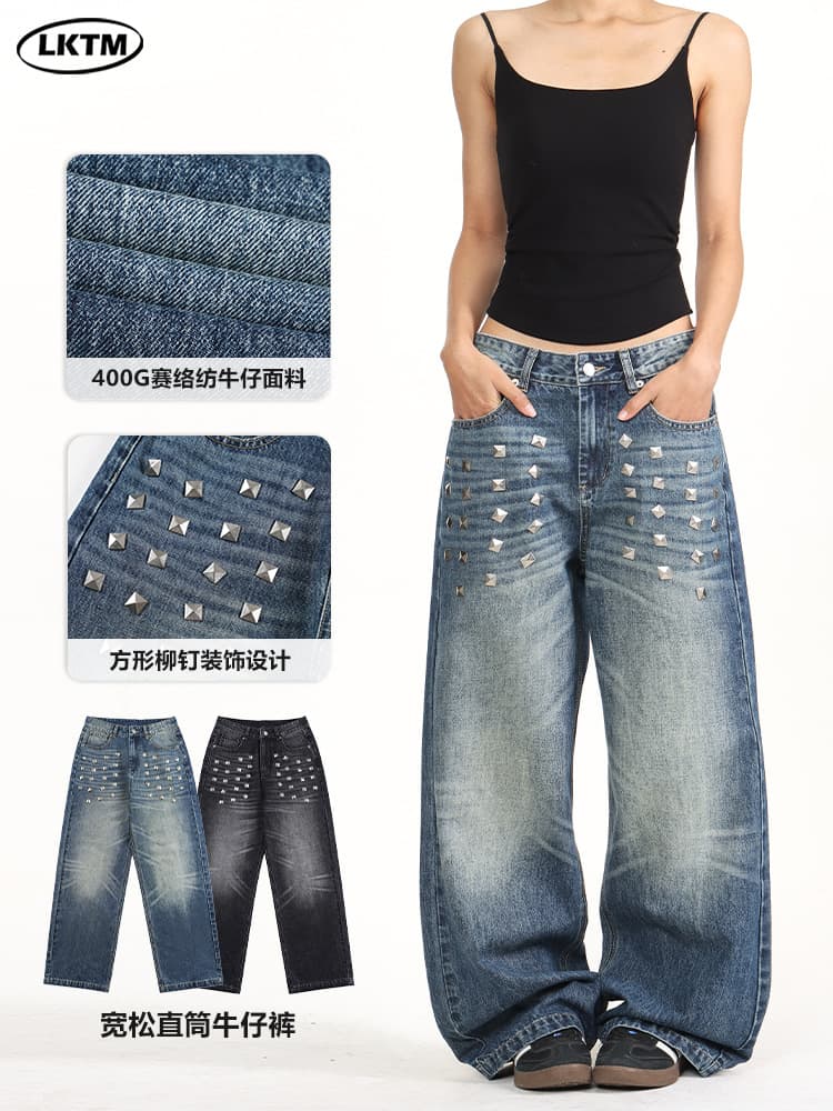 LKTM Men's American Vintage Washed Square Rivet Decorated Jeans Unisex Trendy Cat Whisker Straight Leg Pants