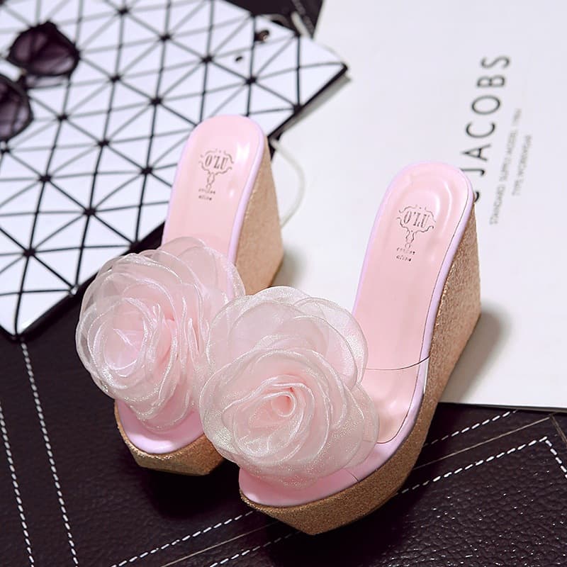 Large Flower Plastic Sandals, European and American Style Platform Slippers, Sweet Sandals, Wedge Heel, Peep-Toe Women's Sandals