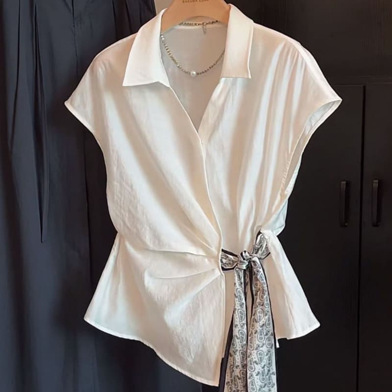 New 2026 Light Luxury Design French Minimalist Summer Commute Fashion Scarf Tie Pleated Blouse for Women