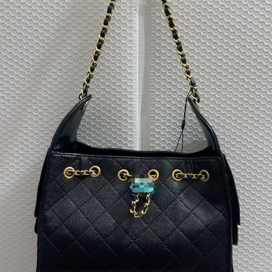 Caviar Black New 25 Mini Women's Lightweight Versatile Hobo Bag Drawstring Chain Bucket Bag