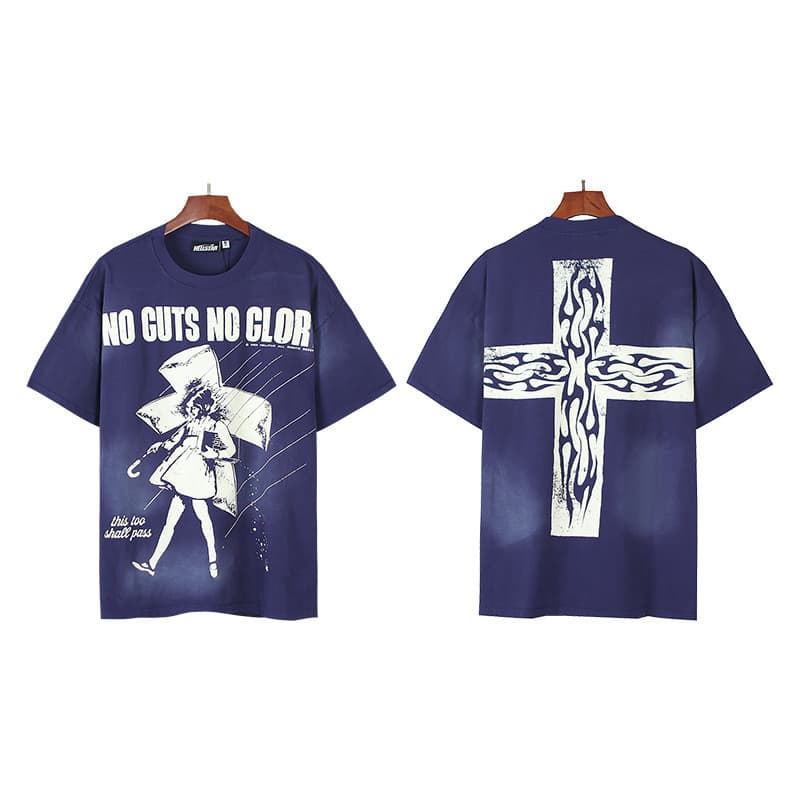 Cross-border American streetwear brand HT Hell Star same style high-street washed distressed printed loose short-sleeve T-shirt