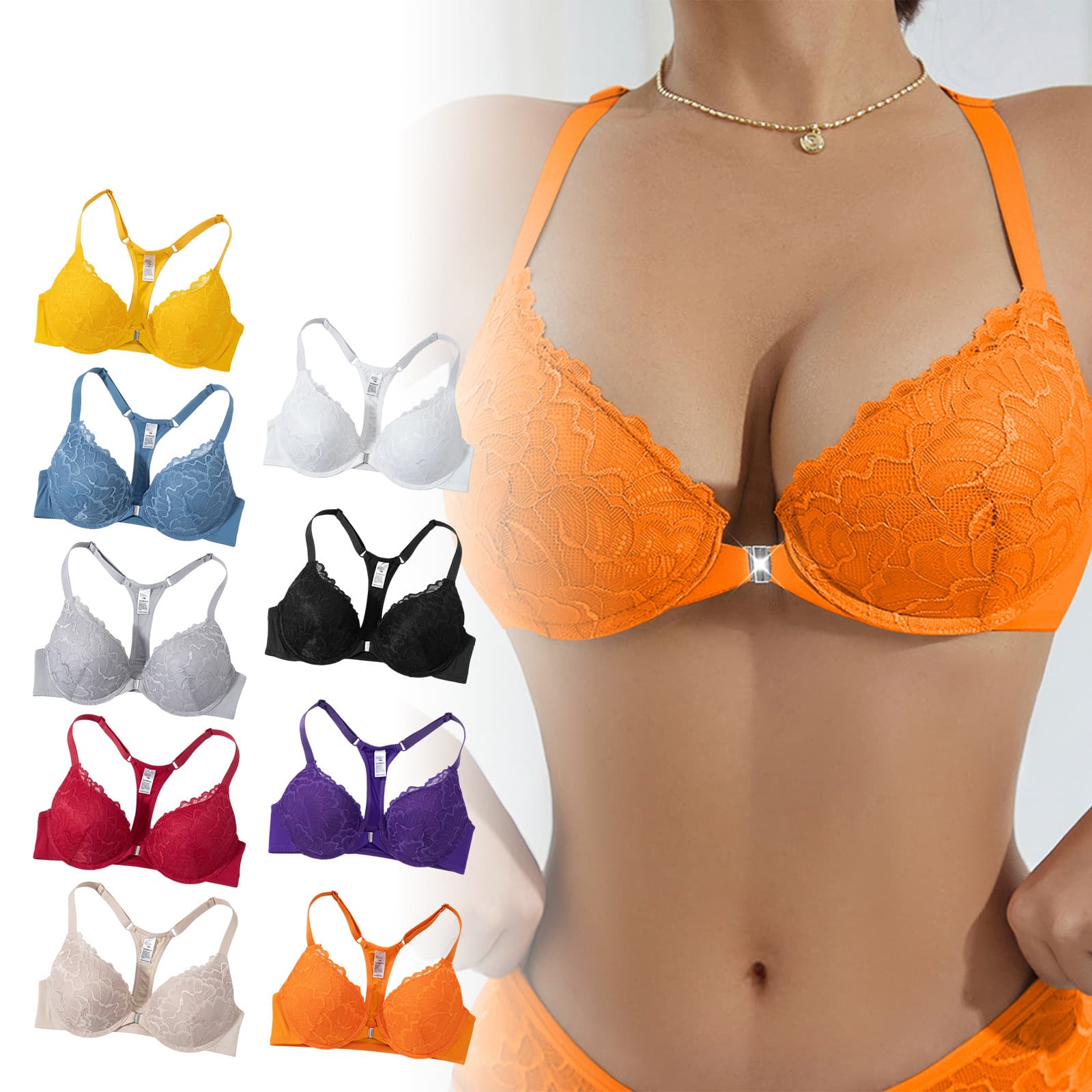 Zeriluna Front-Clasp T-Back Push-Up Bra Soft Fit Comfortable Wear Elegant Lace Multiple Colors Available