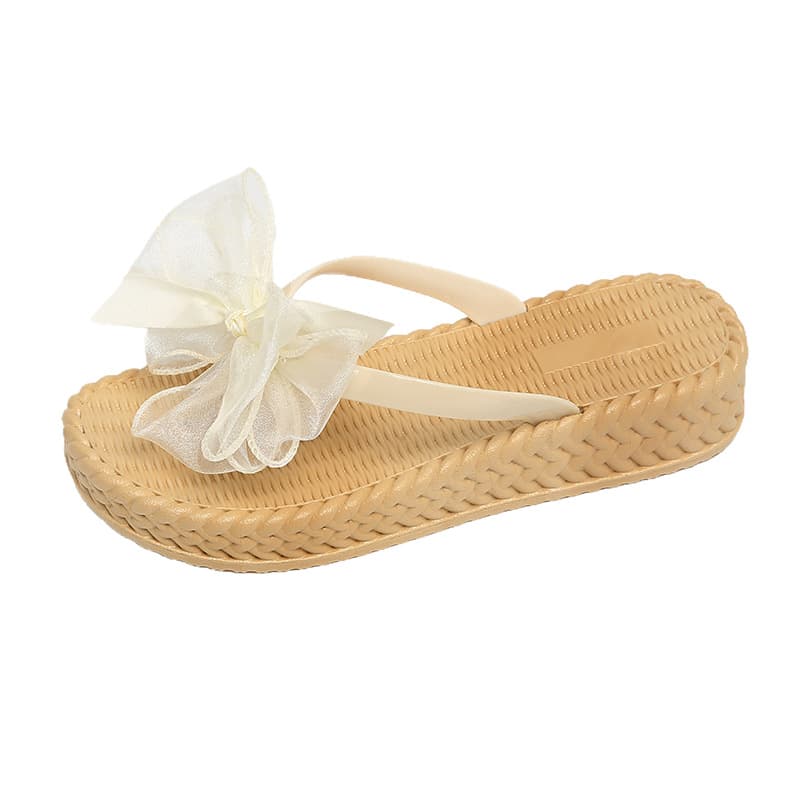Thick Sole 4cm Summer New Style Versatile Mesh Bow Platform Flip Flops for Women Vacation Beach Sandals