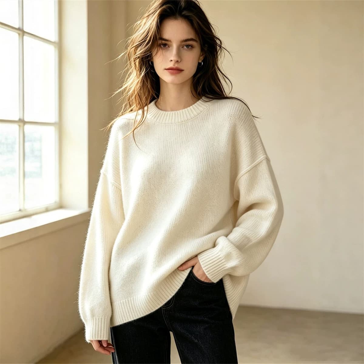 European and American cross-border solid color crew neck pullover sweater for women, new autumn and winter style, loose plus size casual knit top
