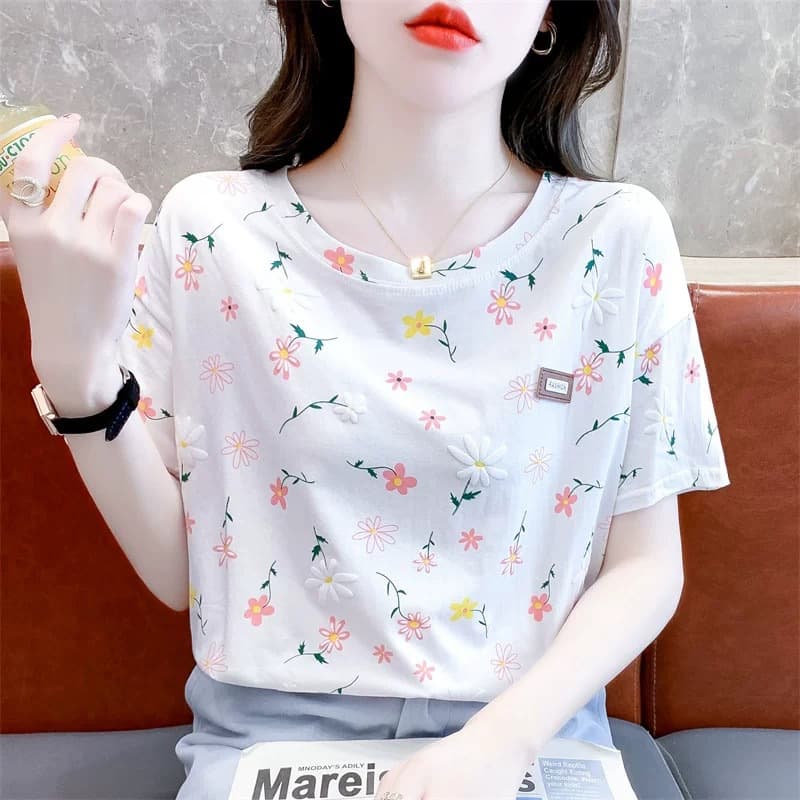 Women's Loose Short Sleeve T-Shirt Floral Design Sensation Summer New Style Fresh Small Audience Body Shirt Casual Wear