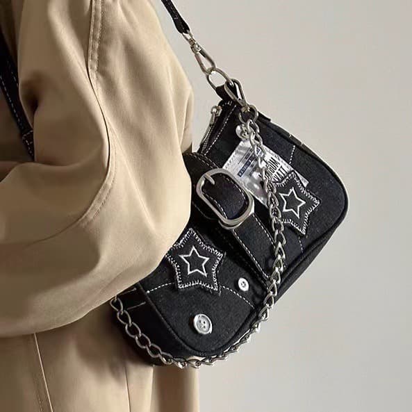 2025 Y2K Star Denim Underarm Bag Fashion Patchwork Chain Shoulder Crossbody Bag Trendy Canvas Bag