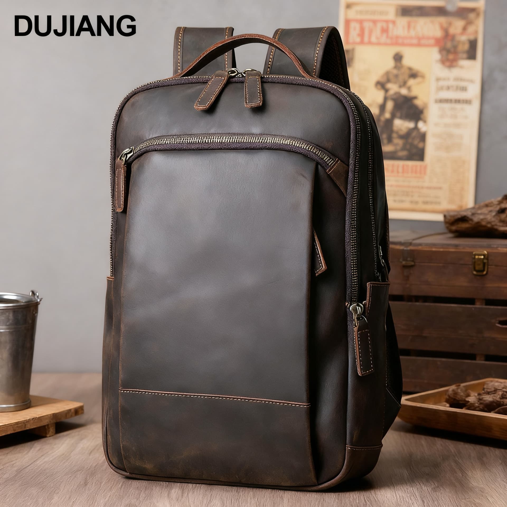 Cross-border Vintage Crazy Horse Leather Backpack, Top-layer Cowhide Men's Genuine Leather Computer Bag, Large Capacity Outdoor Travel Backpack