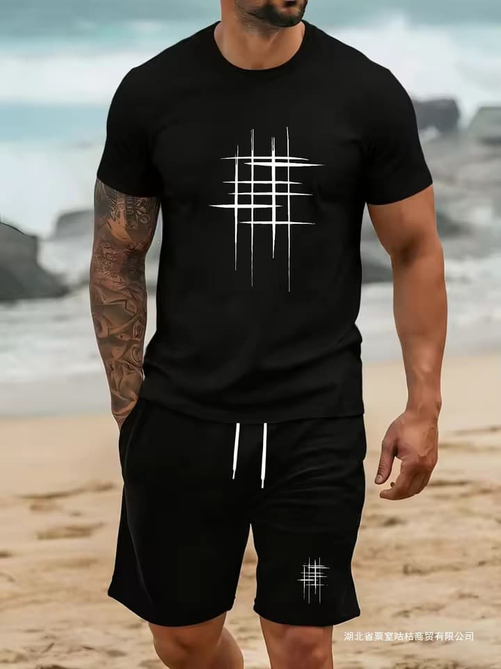 2026 Summer Men's Set Breathable Quick-Dry T-Shirt and Shorts 2-Piece Set Drawstring Side Pocket Short Quick-Dry Sports T-Shirt