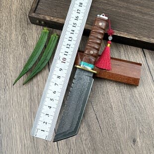 Japanese Samurai Damascus Steel Outdoor Knife, Hand-Forged Survival Multi-Function Meat Knife, Sharp Blade