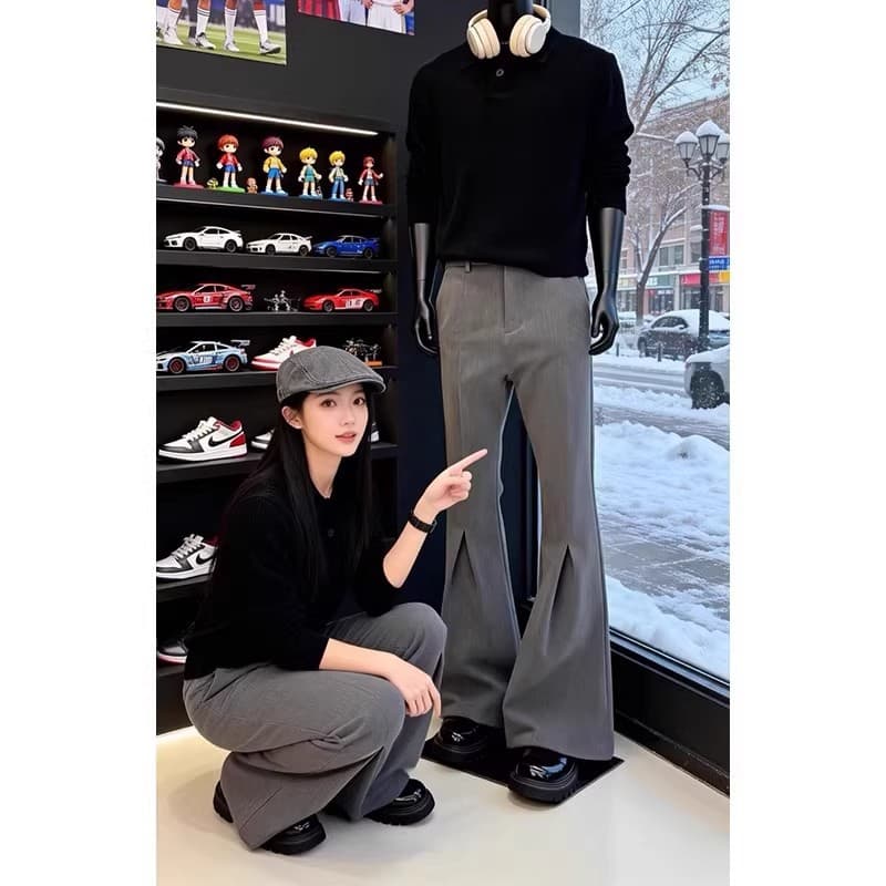 Old Money Style Gray Pleated Trousers for Men Winter Cleanfit High-End Rugged Look Slim Fit Flared Pants