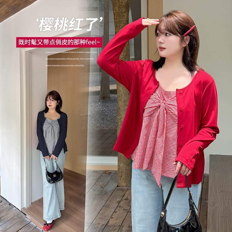 Ino Plus Size Women's Sweet Bow Plaid Camisole Cardigan Two-Piece Set 32025 Autumn New Set 13060