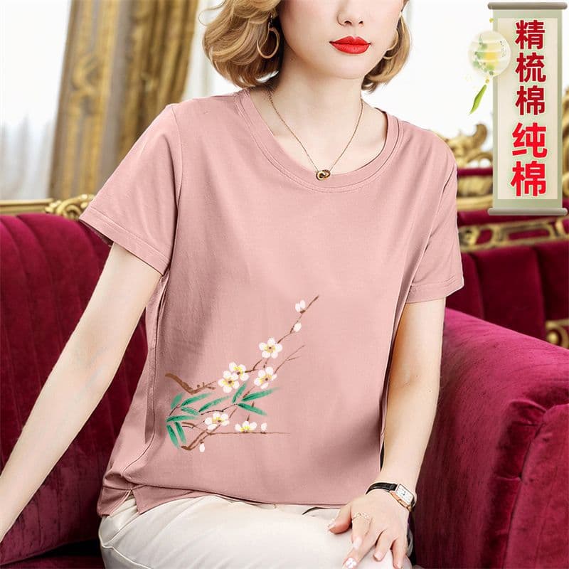 Short sleeve cotton T-shirt for summer, loose fit top for middle-aged and elderly women, stylish and comfortable