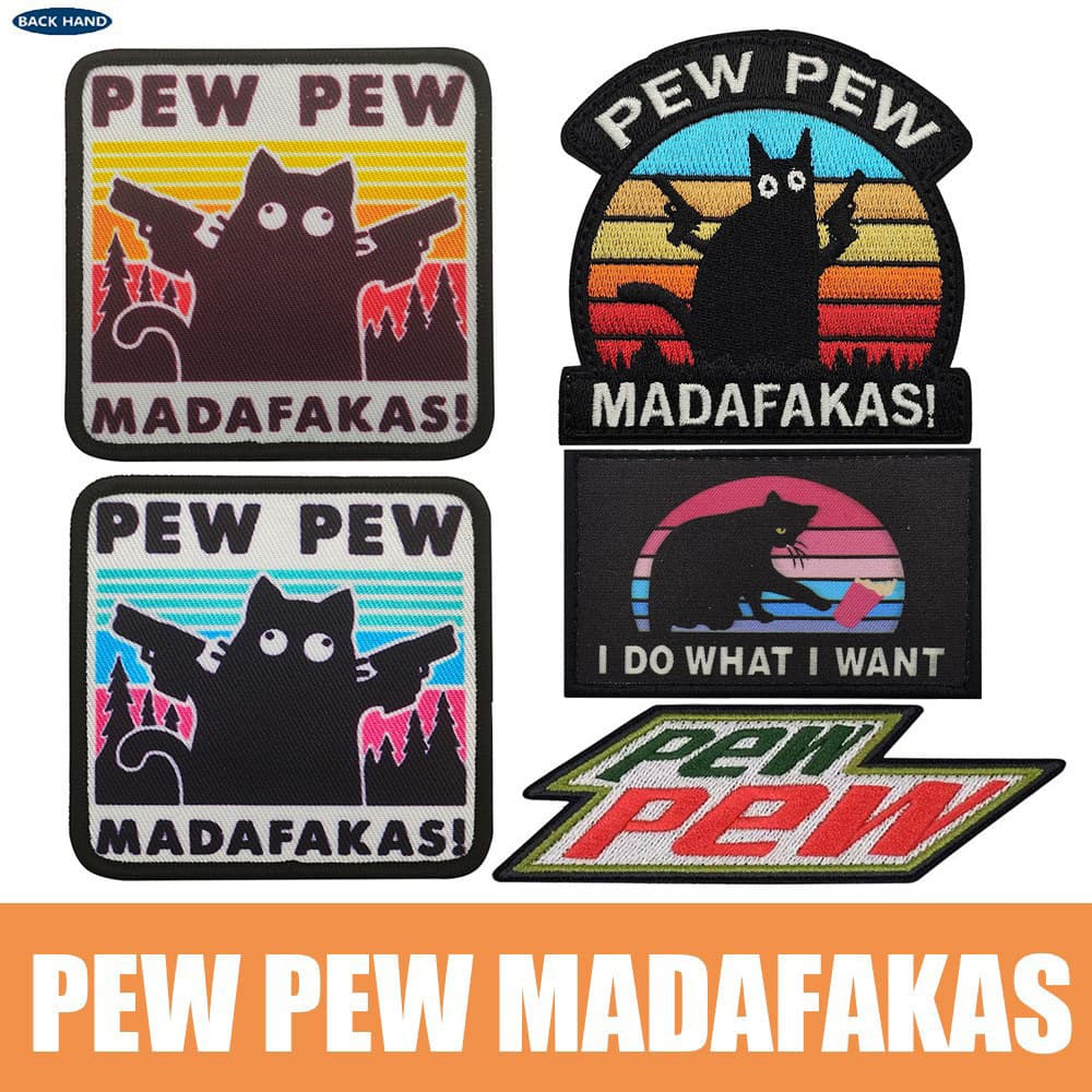 PEW PEW MADAFAKAS Pew Cat Funny Patch Outdoor Military Backpatch Hook and Loop Badge