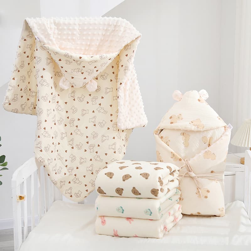 Crinkle cloth bean quilted carry blanket, infant with hood all-cotton windproof outdoor cover, newborn baby autumn/winter wrapping blanket