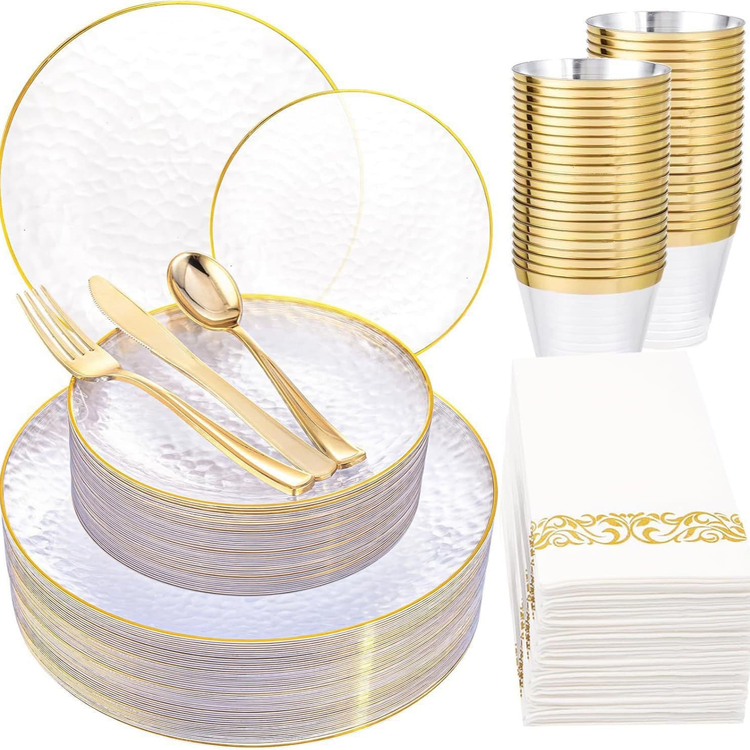 Plastic Tableware Set with Transparent Gold Rim Satin Plate, Pink Base Gold Plate, Hammered Plate, Cup, Knife, Fork, Spoon, and Lint-Free Paper
