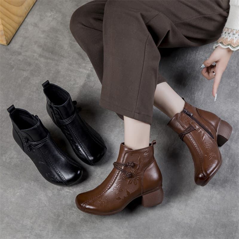 2026 New Retro Martin Boots Autumn Winter Single Boots Thick Heel Short Boots Women Ethnic Style Embossed Round Toe Mom Boots