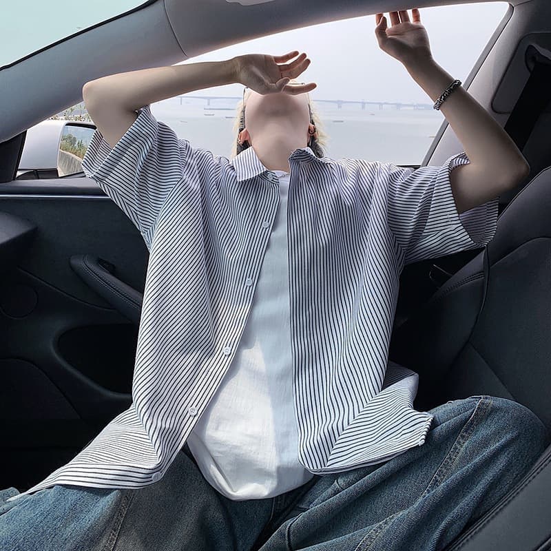 Striped long-sleeved shirt men's spring ins fashion brand handsome versatile shirt Hong Kong style loose youth casual jacket