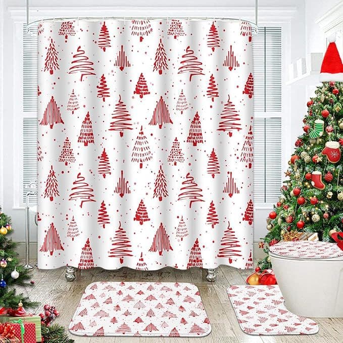 Amazon TUME Christmas Red Christmas Tree Elk Print Shower Curtain Bathroom Party Decorative Curtain