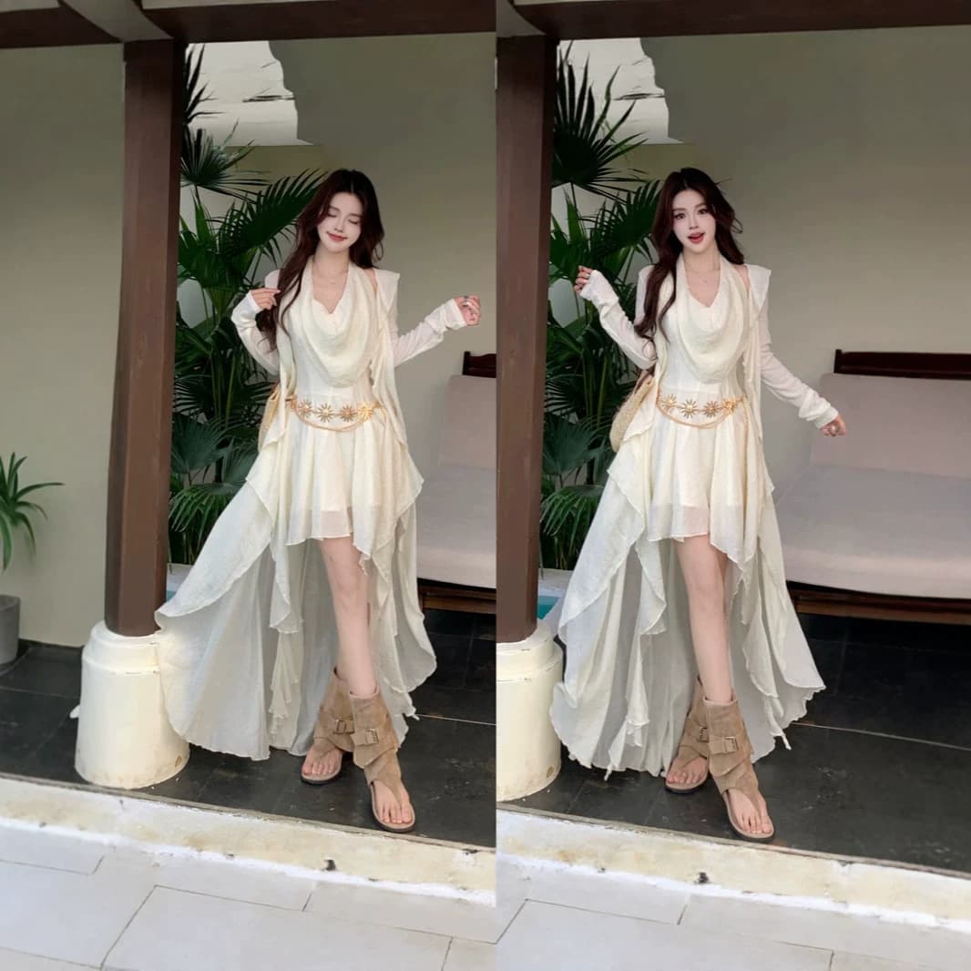 Plus size new summer vacation travel bohemian irregular ruffled two-piece cardigan dress