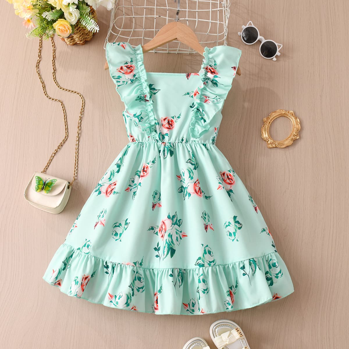 Foreign trade girls' dress with ear-trimmed flying sleeves, one-line collar, mint green print, sweet and fresh children's summer skirt