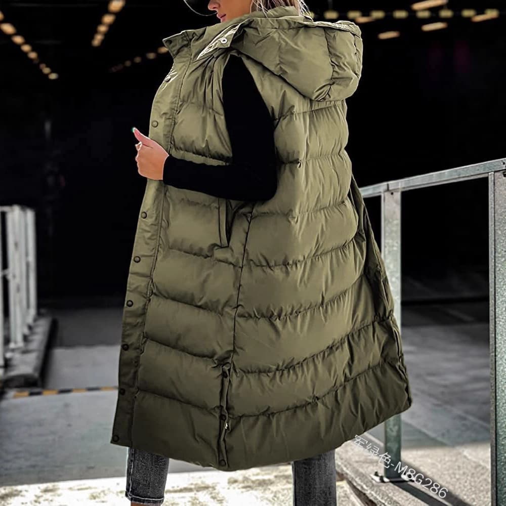 Cross-border 2023 European and American Solid Color Mid-length Vest Hooded Top Women Casual Fashion Zipper Single Button Jacket