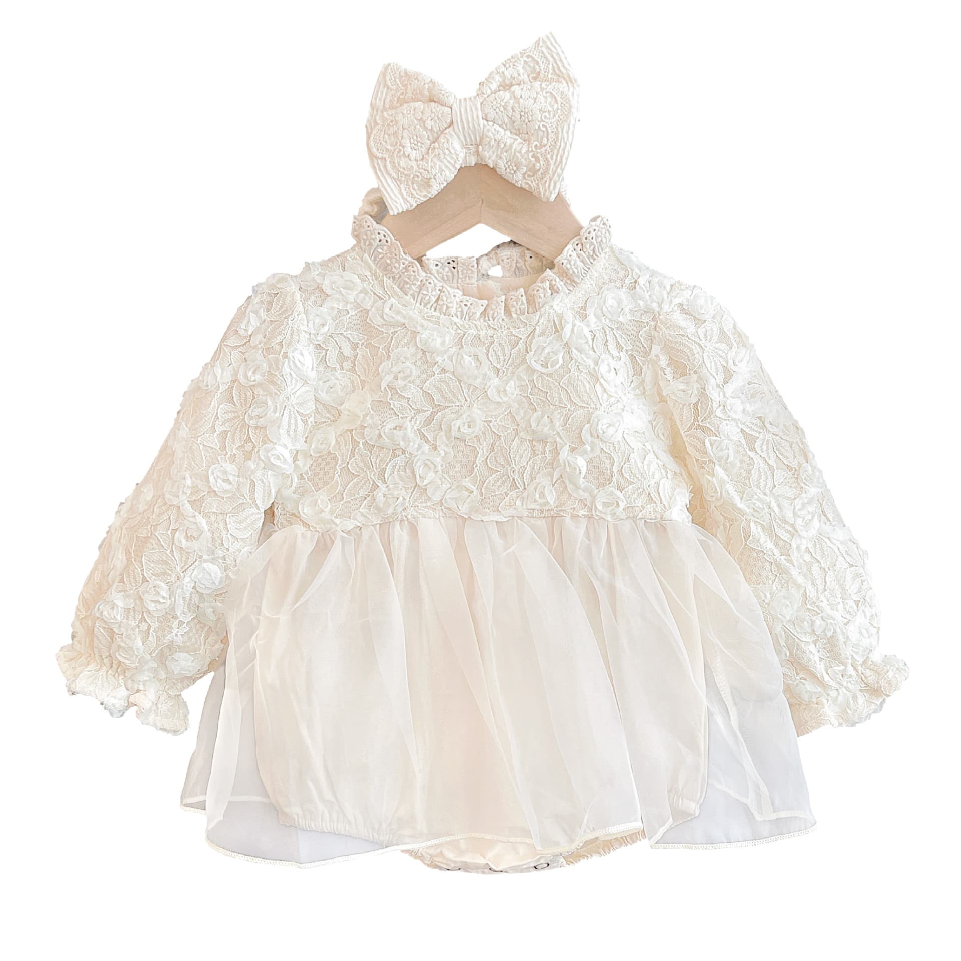 2026 Autumn Baby Girl Sweet Princess 3D Flower Mesh Ruffle Collar Long Sleeve Dress Bodysuit