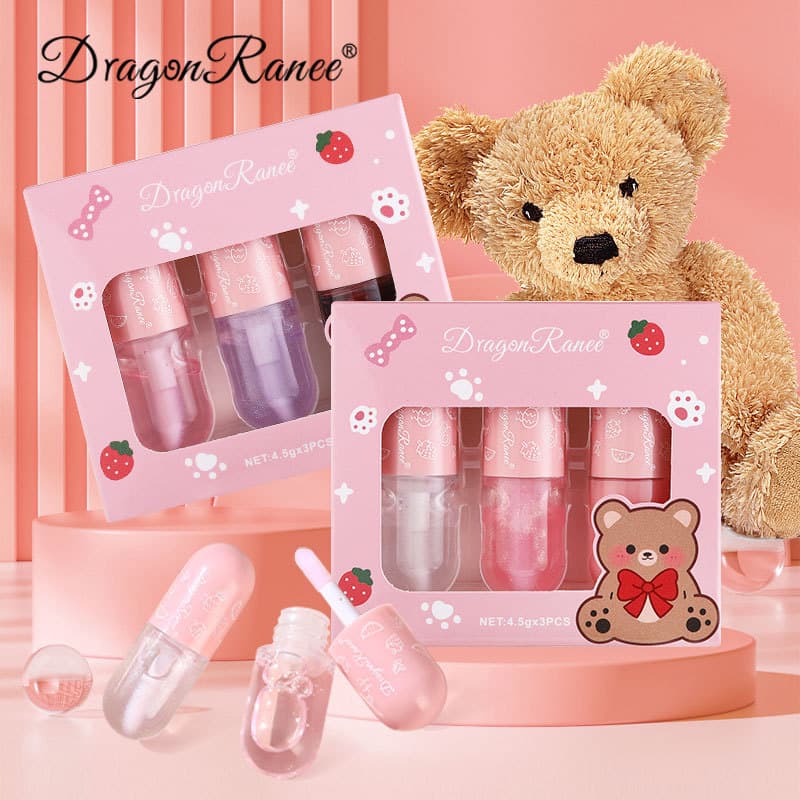 DragonRanee Cross-border Cute Bear Lip Gloss 3-Piece Set Moisturizing Lip Glaze Long-lasting Mirror Lipstick