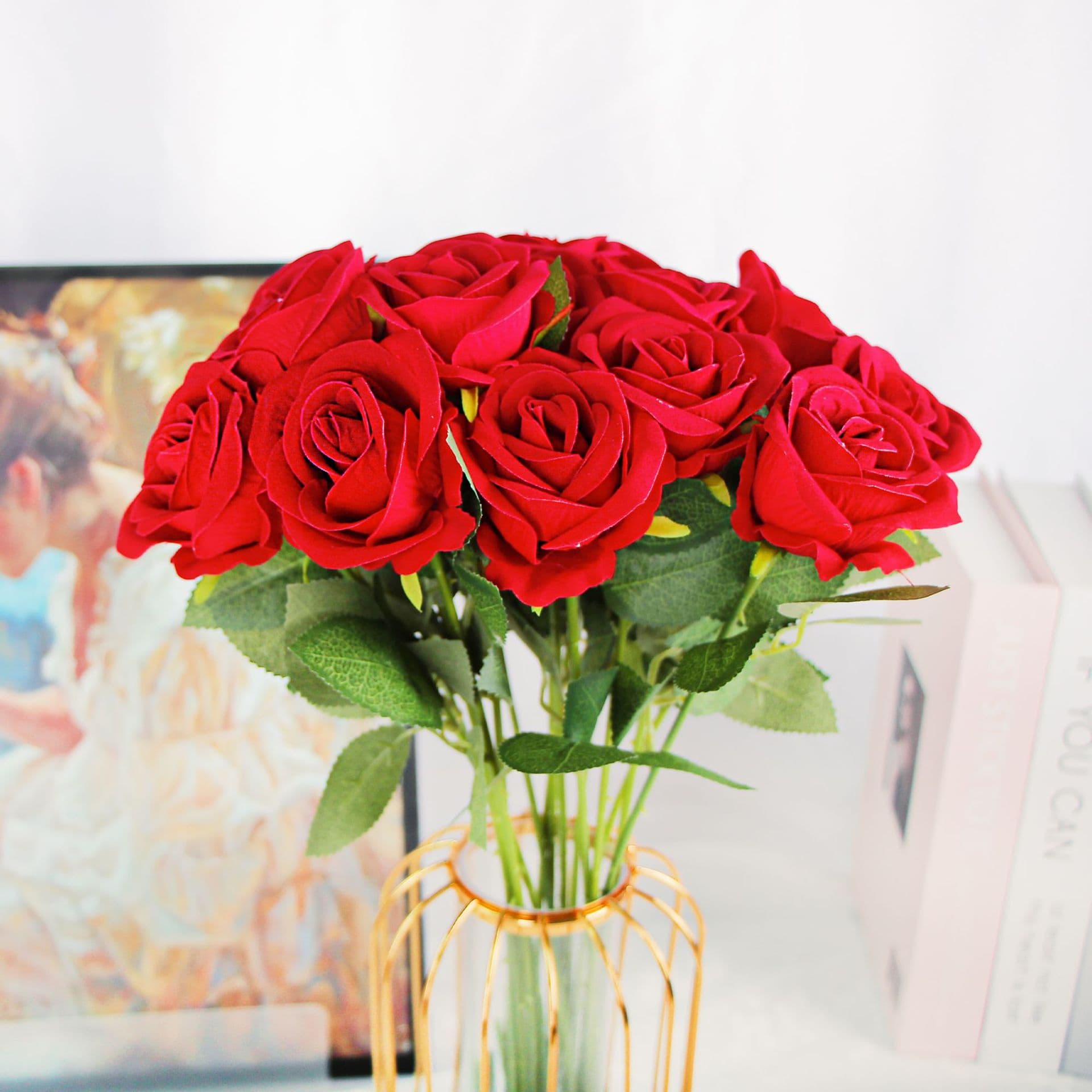 Cross-border simulated flannel rose wedding home decoration rose fake flower single bouquet props rose ornaments